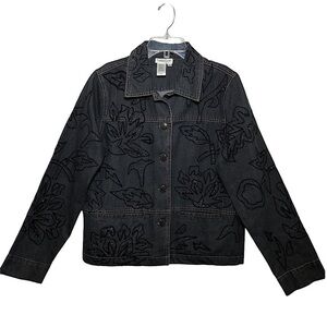 Coldwater Creek Cotton Embroidered Beaded Buttoned Pockets Black Denim Jacket MP